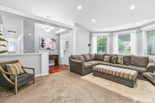 20616 193rd Avenue Ct E, Orting, WA 98360 - living room with a chandelier, carpet floors, lofted ceiling, and recessed lighting