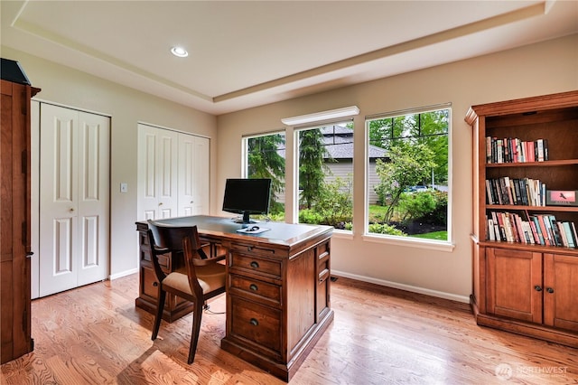 20524 73rd Dr SE, Snohomish, WA 98296 - home office with a tray ceiling, light wood-style floors, baseboards, and recessed lighting
