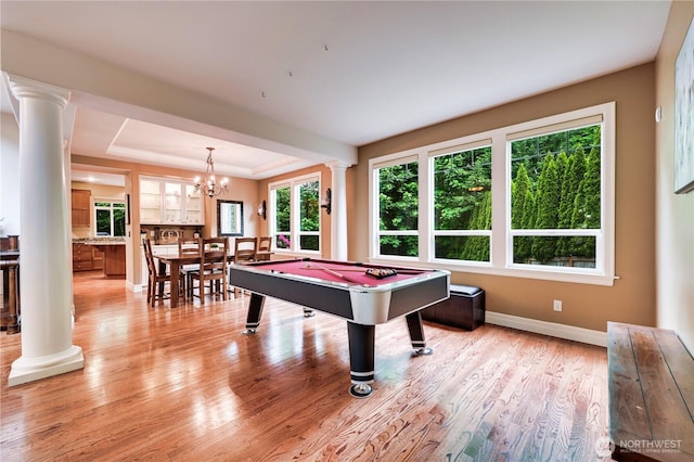 20524 73rd Dr SE, Snohomish, WA 98296 - game room featuring ornate columns, billiards table, baseboards, and light wood finished floors