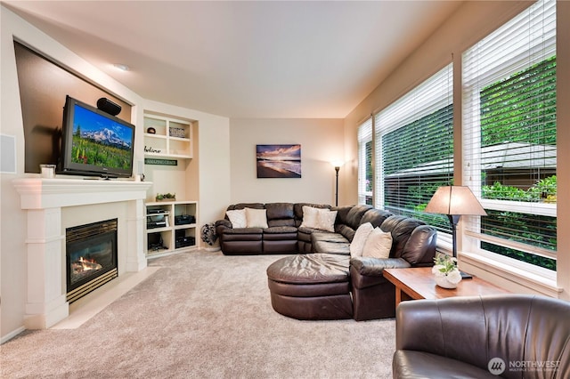 20524 73rd Dr SE, Snohomish, WA 98296 - carpeted living room featuring a fireplace with flush hearth and built in shelves