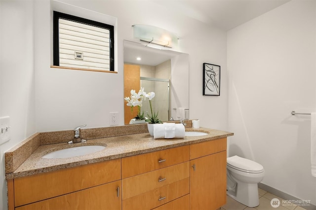 3818 S Hudson St Unit A, Seattle, WA 98118 - bathroom featuring tile patterned floors, a shower stall, double vanity, and toilet