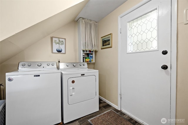 187 S A St, Buckley, WA 98321 - laundry area featuring washing machine and clothes dryer, dark wood-type flooring, and baseboards