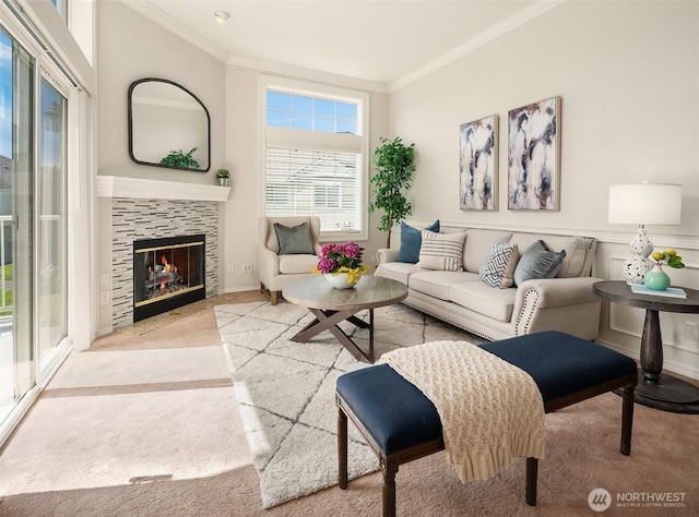 23503 55th Ave S, Kent, WA 98032 - living room with crown molding, carpet floors, a tile fireplace, and baseboards