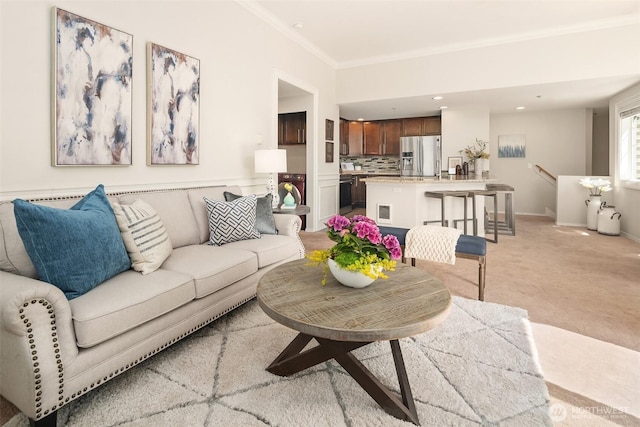 23503 55th Ave S, Kent, WA 98032 - living room featuring light carpet, ornamental molding, recessed lighting, and baseboards