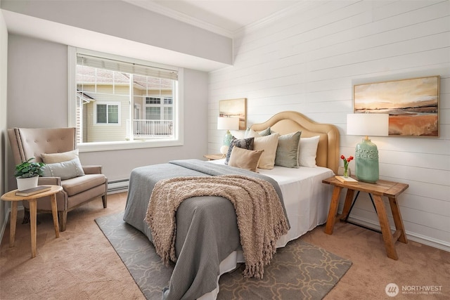 23503 55th Ave S, Kent, WA 98032 - carpeted bedroom featuring crown molding, wooden walls, and baseboard heating