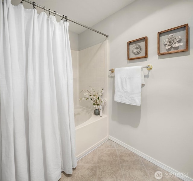 23503 55th Ave S, Kent, WA 98032 - bathroom with baseboards, shower / bath combo with shower curtain, and tile patterned flooring
