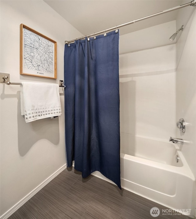 23503 55th Ave S, Kent, WA 98032 - bathroom with shower / tub combo with curtain and baseboards