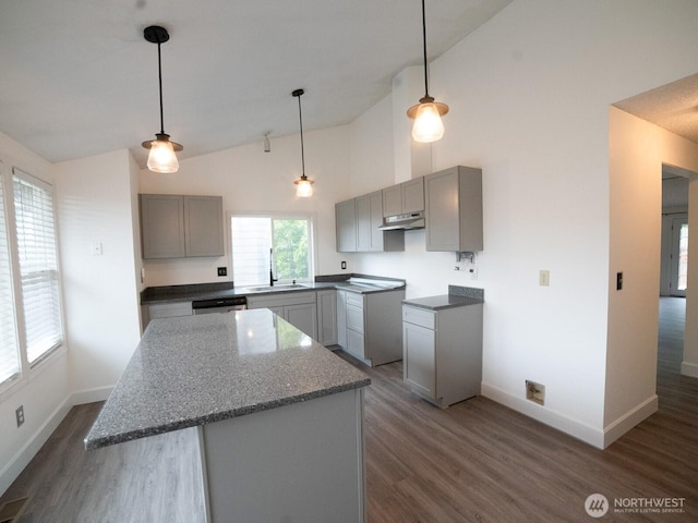 2840 SW 342nd St, Federal Way, WA 98023 - kitchen with gray cabinetry, dark wood-type flooring, a center island, stone countertops, and high vaulted ceiling