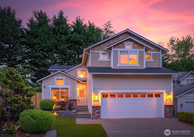 10820 NE 144th Ct, Kirkland, WA 98034 - craftsman inspired home featuring a garage, concrete driveway, roof with shingles, and brick siding