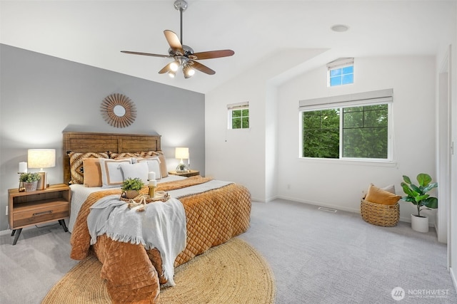 10820 NE 144th Ct, Kirkland, WA 98034 - bedroom featuring light carpet, lofted ceiling, baseboards, and a ceiling fan