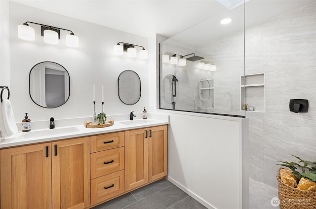 10820 NE 144th Ct, Kirkland, WA 98034 - bathroom with double vanity, a walk in shower, and tile patterned flooring
