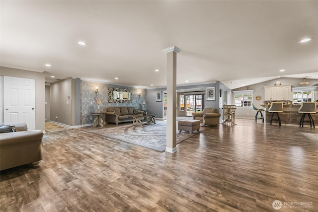 3001 163rd St E, Tacoma, WA 98446 - living area with wood finished floors, baseboards, recessed lighting, and decorative columns