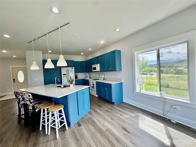 31 Apple Meadow Dr, Tonasket, WA 98855 - kitchen with white appliances, blue cabinetry, rail lighting, a sink, and light countertops