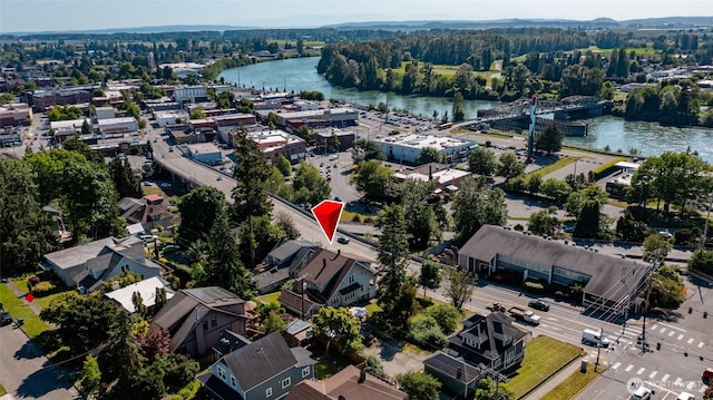 214 N 4th St, Mount Vernon, WA 98273 - aerial view of property and surrounding area featuring a large body of water and a notable bridge