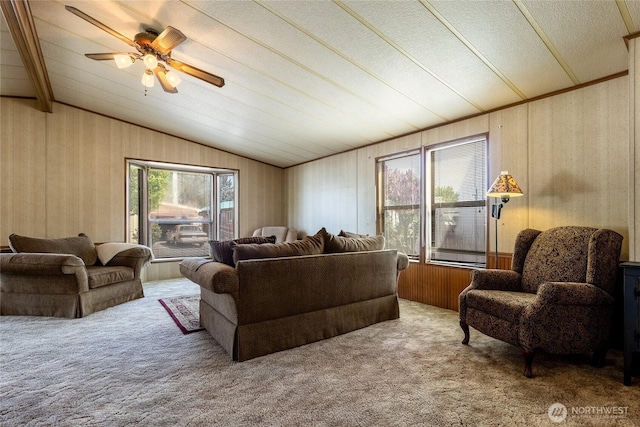 545 NE Troutdale Ave, College Place, WA 99324 - living room with carpet flooring, lofted ceiling, ceiling fan, and wooden walls