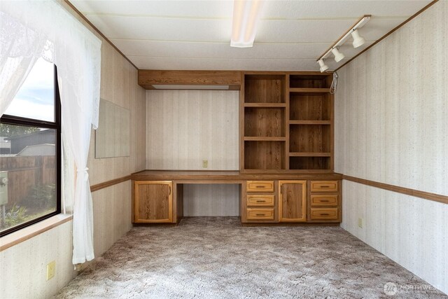 545 NE Troutdale Ave, College Place, WA 99324 - unfurnished office with wallpapered walls, built in study area, carpet floors, and track lighting