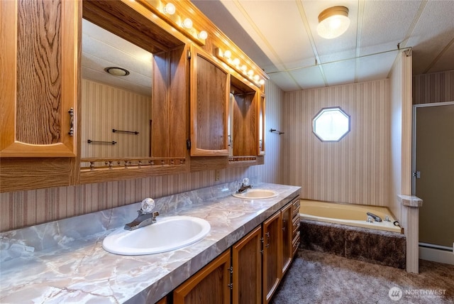 545 NE Troutdale Ave, College Place, WA 99324 - full bath featuring wallpapered walls, a garden tub, and double vanity
