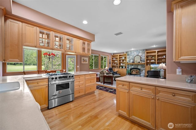 5426 Quail Run, Blaine, WA 98230 - kitchen with high end range, light countertops, a peninsula, a fireplace, and open floor plan