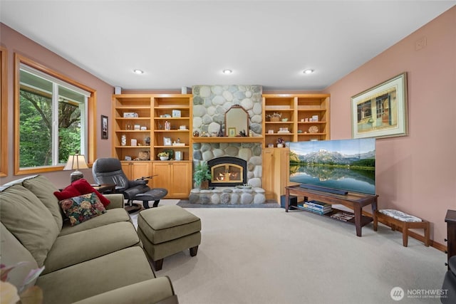 5426 Quail Run, Blaine, WA 98230 - living area featuring carpet flooring, a fireplace, recessed lighting, and baseboards
