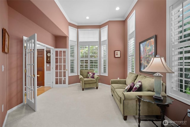 5426 Quail Run, Blaine, WA 98230 - sitting room featuring french doors, ornamental molding, baseboards, carpet flooring, and recessed lighting