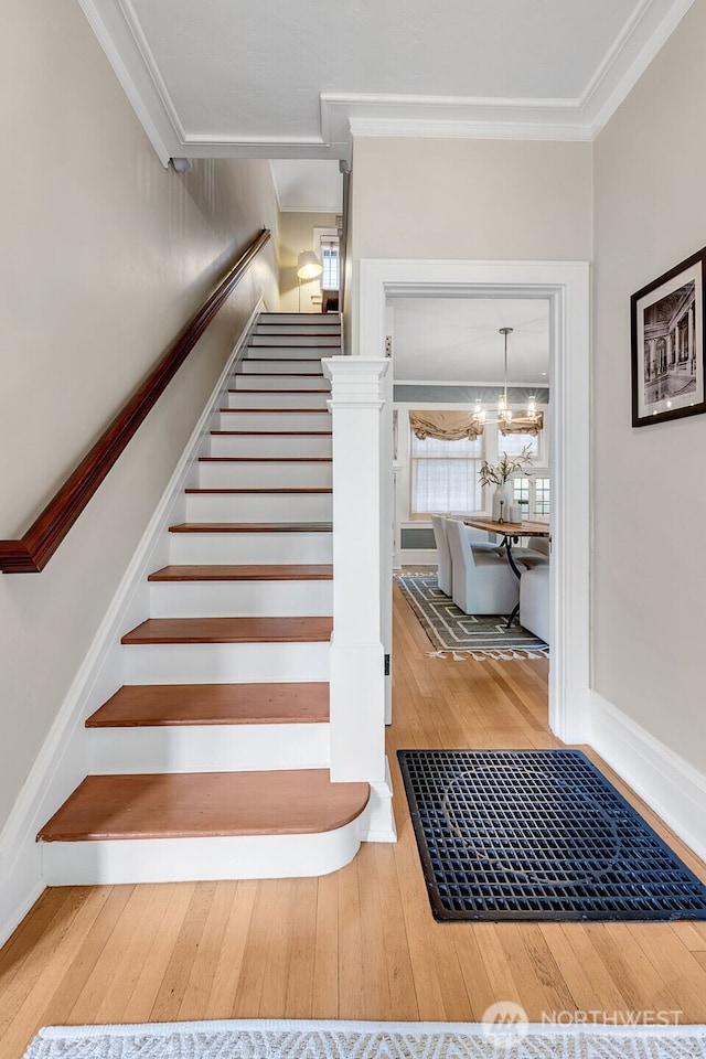 903 W Newell St, Seattle, WA 98119 - staircase featuring wood-type flooring, crown molding, and baseboards
