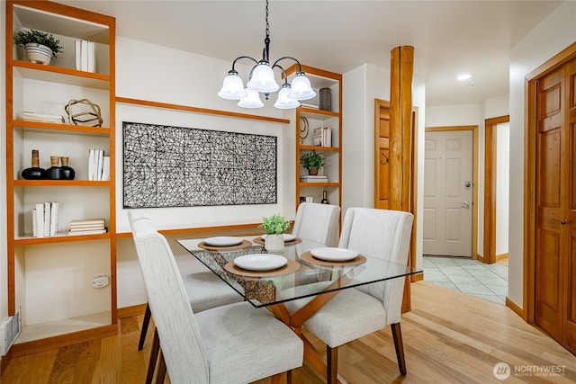 5430 Snow Goose Ln Unit 202, Blaine, WA 98230 - dining space featuring a chandelier, light wood-style flooring, and built in features