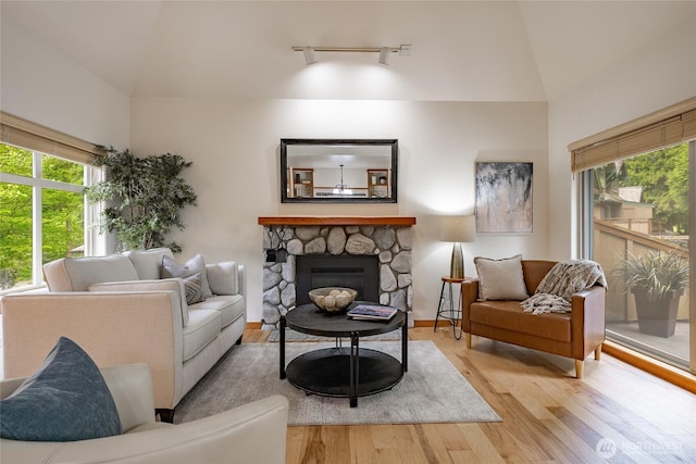 5430 Snow Goose Ln Unit 202, Blaine, WA 98230 - living room featuring wood finished floors, a fireplace, high vaulted ceiling, and track lighting