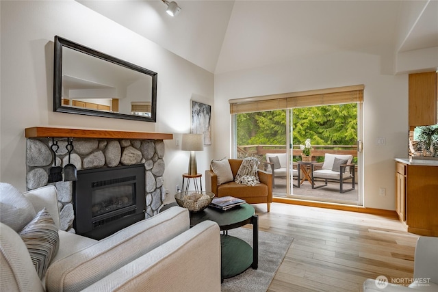 5430 Snow Goose Ln Unit 202, Blaine, WA 98230 - living area with vaulted ceiling, light wood-style flooring, and a fireplace