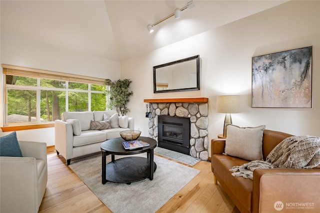5430 Snow Goose Ln Unit 202, Blaine, WA 98230 - living room with rail lighting, light wood-style floors, a stone fireplace, and high vaulted ceiling