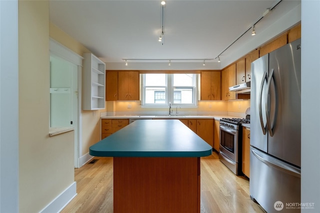 830 Boyer Ave, Walla Walla, WA 99362 - kitchen featuring stainless steel appliances, under cabinet range hood, brown cabinetry, and a sink