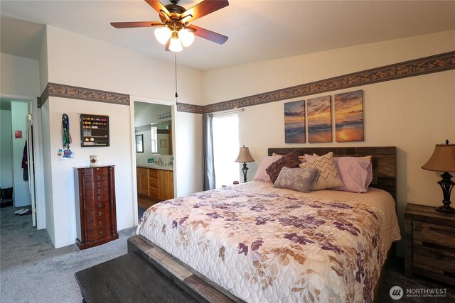 1427 100th St SW Unit 57, Everett, WA 98204 - bedroom with carpet, connected bathroom, and ceiling fan