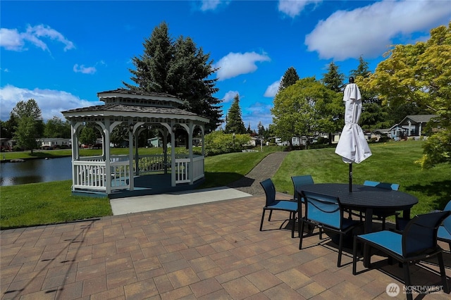 1427 100th St SW Unit 57, Everett, WA 98204 - view of patio / terrace featuring a gazebo, a water view, and outdoor dining space