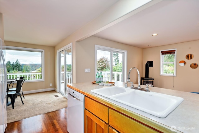 kitchen with white dishwasher, a wood stove, a sink, dark wood-type flooring, and light countertops