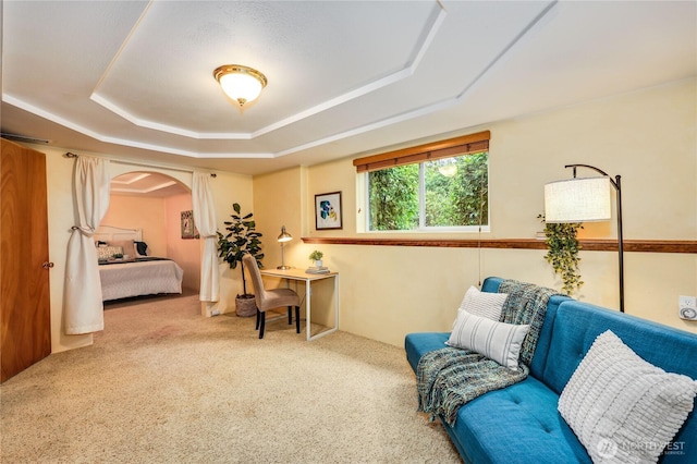 sitting room with carpet flooring, a tray ceiling, and arched walkways