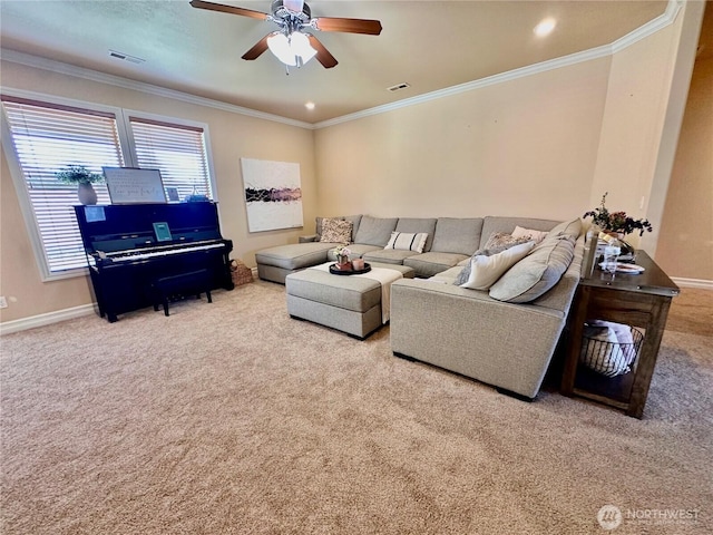 523 N Paxson Dr, Moses Lake, WA 98837 - living room featuring carpet flooring, a ceiling fan, crown molding, and baseboards