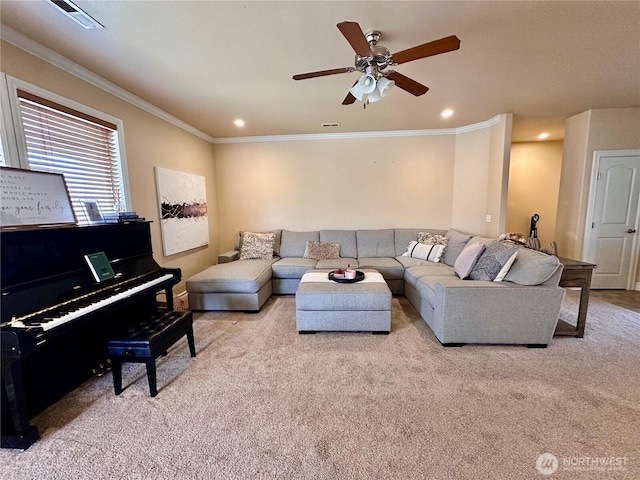 523 N Paxson Dr, Moses Lake, WA 98837 - carpeted living area with a ceiling fan, ornamental molding, and recessed lighting