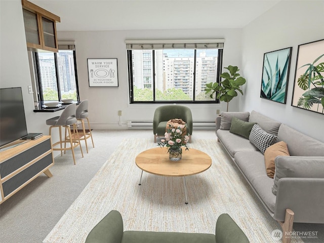 1105 Spring St Unit 904, Seattle, WA 98104 - living room featuring a baseboard radiator, carpet, and baseboards
