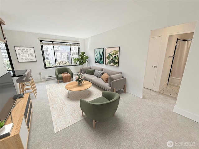 1105 Spring St Unit 904, Seattle, WA 98104 - living room featuring healthy amount of natural light, a baseboard radiator, baseboards, and carpet