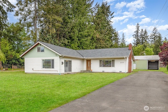2103 106th St SW, Everett, WA 98204 - single story home with a front lawn, asphalt driveway, a chimney, roof with shingles, and an outbuilding