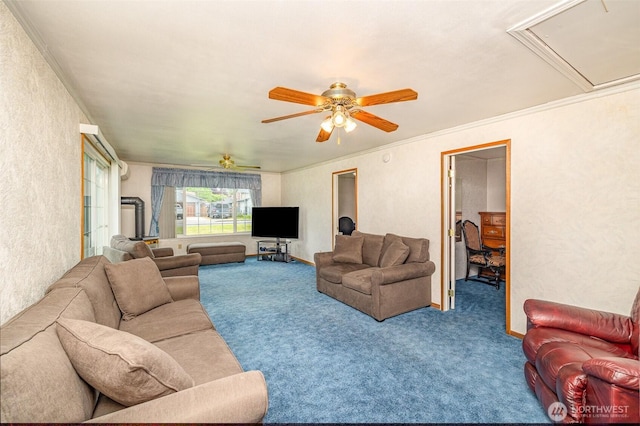 2103 106th St SW, Everett, WA 98204 - carpeted living room with attic access, ceiling fan, a textured wall, and ornamental molding
