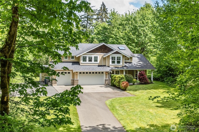 5215 E Lake Bosworth Dr, Snohomish, WA 98290 - craftsman-style house with asphalt driveway, a garage, a front lawn, stone siding, and a shingled roof
