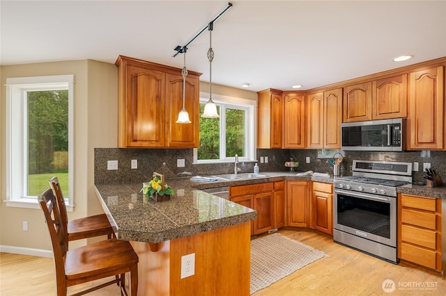 5215 E Lake Bosworth Dr, Snohomish, WA 98290 - kitchen with stainless steel appliances, a sink, a breakfast bar area, a peninsula, and light wood-type flooring