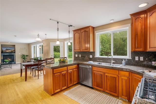 5215 E Lake Bosworth Dr, Snohomish, WA 98290 - kitchen with dishwasher, a sink, a peninsula, brown cabinetry, and track lighting