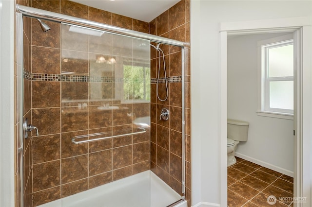 5215 E Lake Bosworth Dr, Snohomish, WA 98290 - full bath with toilet, baseboards, a stall shower, and tile patterned flooring