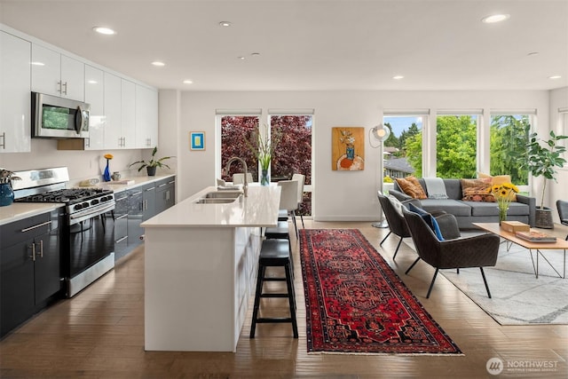 4321 S Webster St # E, Seattle, WA 98118 - kitchen with stainless steel appliances, a sink, a kitchen bar, recessed lighting, and light countertops