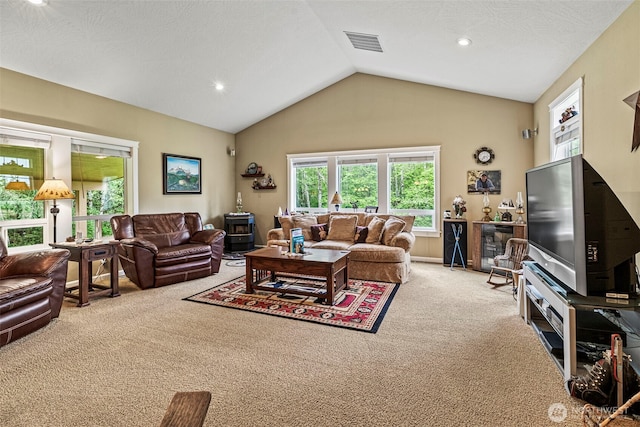 108 Reynolds Rd, Castle Rock, WA 98611 - living area featuring carpet flooring, lofted ceiling, and recessed lighting
