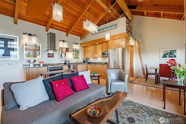 1116 Island Dr, Lummi Island, WA 98262 - living area with wood ceiling with exposed beams, light wood-style flooring, and high vaulted ceiling