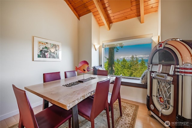 1116 Island Dr, Lummi Island, WA 98262 - dining area with wooden ceiling, wood finished floors, and baseboards