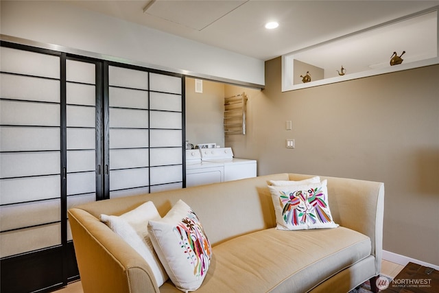 1116 Island Dr, Lummi Island, WA 98262 - living area with independent washer and dryer and recessed lighting