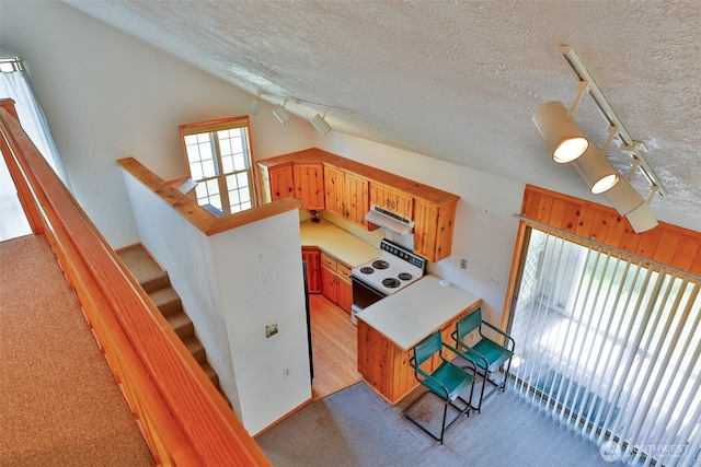 257 Point Brown Ave SW, Ocean Shores, WA 98569 - kitchen with white range with electric stovetop, light carpet, range hood, a textured ceiling, and a peninsula